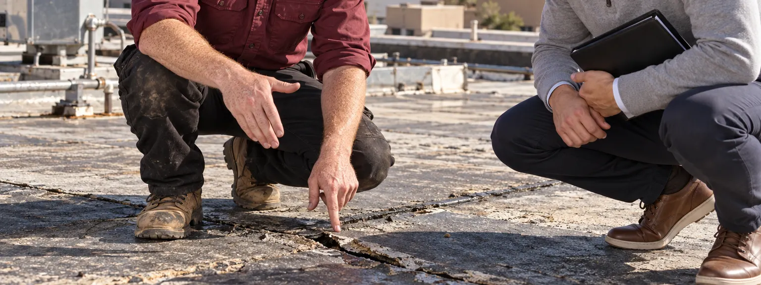 Roofer pointing at a split seam on a flat commercial roof in Nogales, AZ, while a property manager looks on